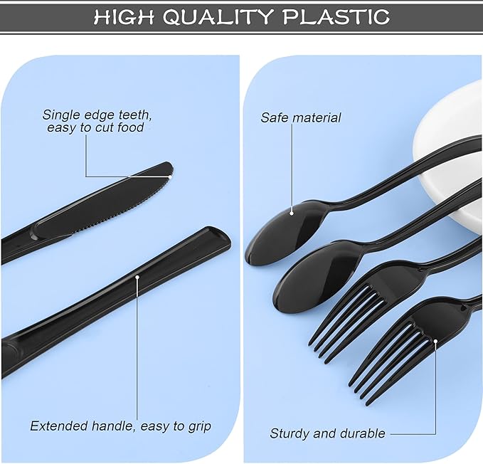 300 Pieces Black Plastic Silverware Heavy Duty Plastic Cutlery Set Heavyweight Disposable Flatware Includes Spoons Forks Knifes for Birthday Party Prom Night Wedding Dinner