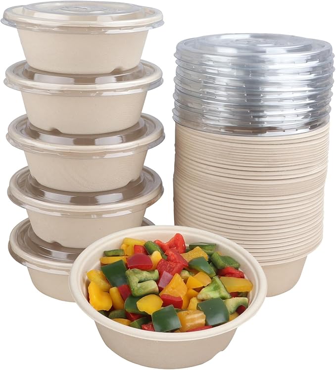 30 oz Disposable salad bowls with lids, Sugarcane Fiber Paper Bowls take away food containers Plant Fibers Freezer Safe 50 Pack