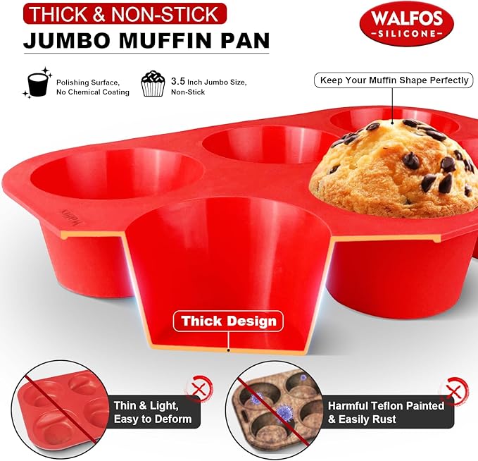 Walfos Silicone Texas Muffin Pan Set- 6 Cup Jumbo Silicone Cupcake Pan, Non-Stick, Just PoP Out! Perfect for Egg Muffin, Big Cupcake - BPA Free and Dishwasher Safe, Set of 2