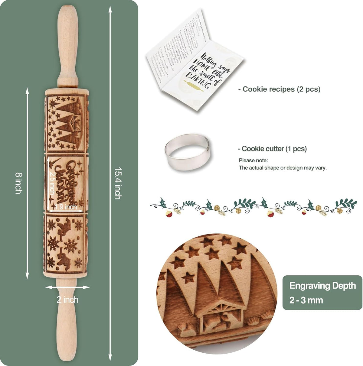 Christmas Embossed Rolling Pin for Baking Cookies Embossing Rolling Pins with Design Wooden Engraved Springerle Roller Pin Dough Patterned Clay Pottery Ceramic Bakers Women (Nativity Square Patterns)