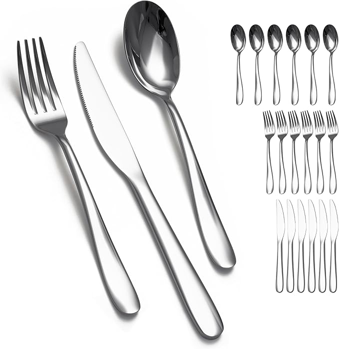 Stainless Steel 18PCS Dinner Set combo with 6 Dinner Knives, 6 Dinner Forks, 6 Dinner Spoons，Silverware Set for Home, Kitchen and Restaurant, Mirror Polished& Dishwasher Safe