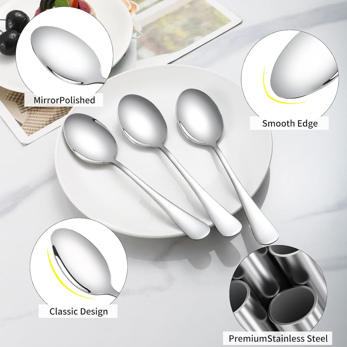 12 Pcs Dinner Spoons Set 7.32" Premium Food Grade Stainless Steel Spoons Mirror Finish & Dishwasher Safe,Use for Home,Restaurant