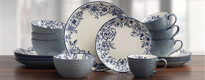 Pfaltzgraff Gabriela Blue 16-Piece Dinnerware Set, Service for 4, Durable Stoneware Plates, Bowls, and Mugs with Elegant Blue Pattern, Dishwasher Safe