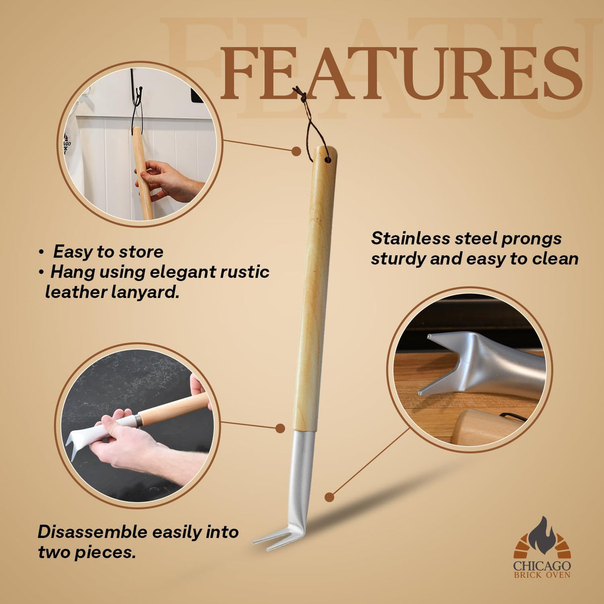 Pizza Bubble Popper Spinner Turning Fork Aluminum 17.5 inch with Wooden Handle and Leather Strap (2-Pack), Pizza Turner Peel - Outdoor Pizza Oven Accessories