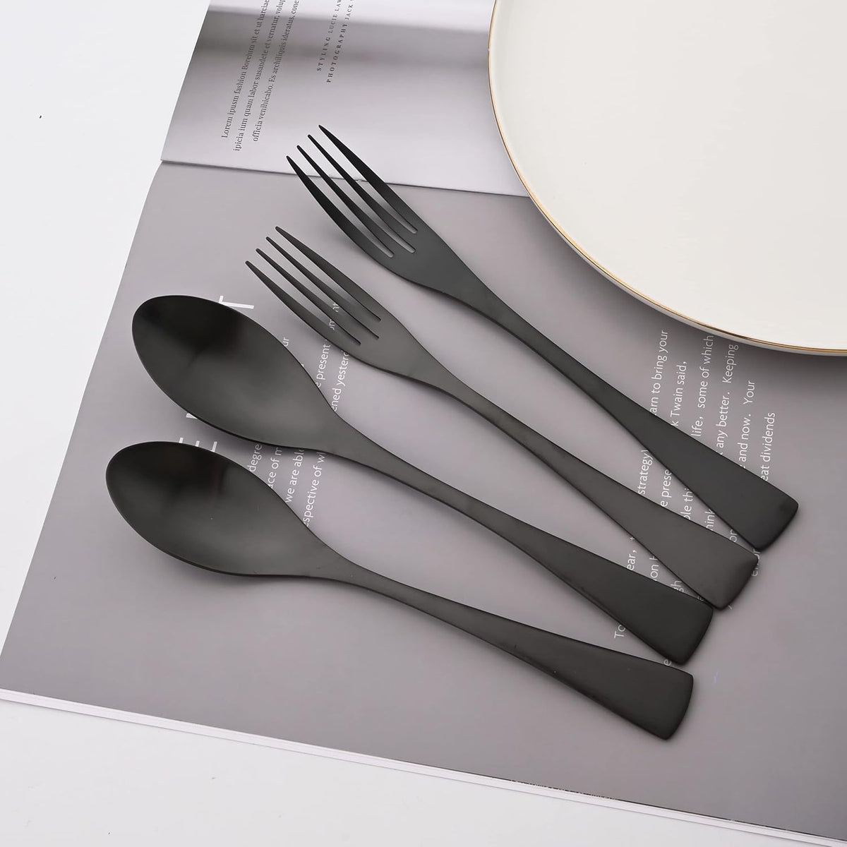 Luxury Silverware Set Flatware Cutlery 18/10 Stainless Steel Matte Polishing Metal Utensils Set Group Service for 1, 6-piece, Black