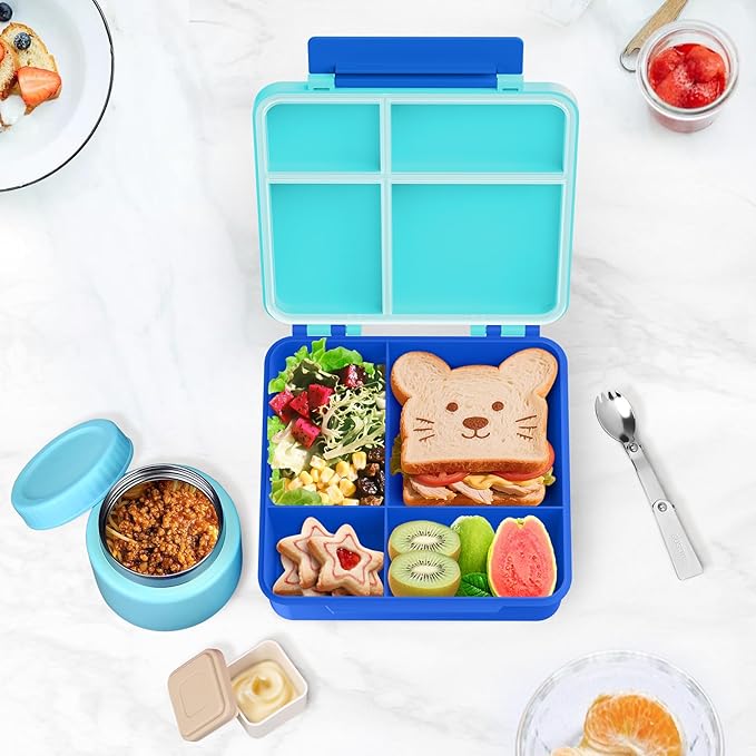 Kids Bento Lunch Box with 8oz Soup Thermo, Kids Leakproof Lunch Food Containers with 4 Compartment,Insulated Hot Food Jar with Lunch Bag for School, Travel (Blue-No lunch bag)