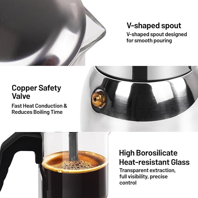4 Cup Glass Clear Moka Pot Thickened 304 Stainless Steel Stovetop Espresso Maker Italian Coffee Machine 200ml 6.8oz Classic Mocha Cafe Greca Coffee Suitable for Gas Induction