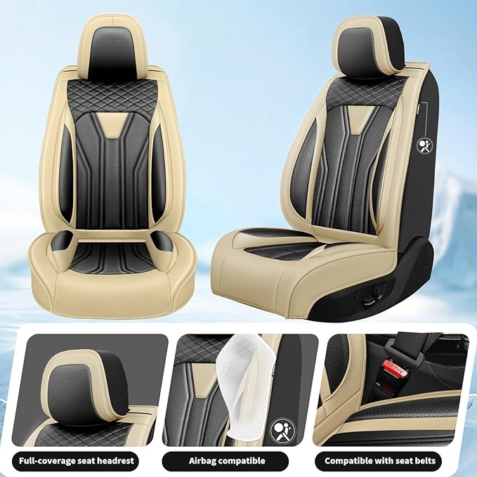 Fit Leaf Car Seat Covers Compatible with Nissan Leaf 2012-2025 2026 - Premium Leather， Waterproof Breathable， All-Weather Seat Cushion Protecto&Airbag Compatible (2 Front Seat Beige&Black)