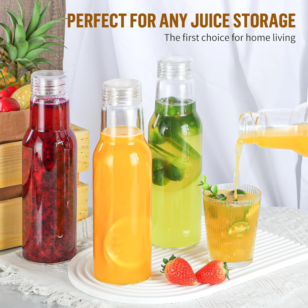 25 Oz Glass Bottles with Lids, Glass Juice Bottles, Smoothies, Water, Milks, Beverage Storage, Clear Glass Jars for Pickles, Food Storage (4 Pack)