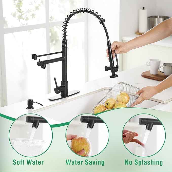 Fapully Commercial Pull Down Kitchen Sink Faucet with Sprayer Matte Black Single Handle Faucets for Kitchen Sink, Kitchen Faucet with Soap Dispenser and Deck Plack for 4 Hole
