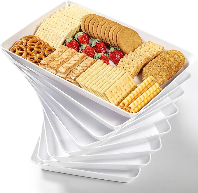 8 Pack, 16" x 11" Large White Serving Trays Set - Reusable Plastic Serving Platters for Cookie, Appetizer, Charcuterie, Snack, Dessert, Party Food Display - Stackable Kitchen CounterTop Tray, BPA Free