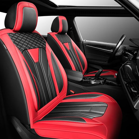 Fit Frontier Car Seat Covers Premium Leather for Nissan Frontier 2009-2025 2026. Waterproof， Breathable, Scratch-Resistant & All-Weather Seat Cushion Protector（Front Seat,Red&Black