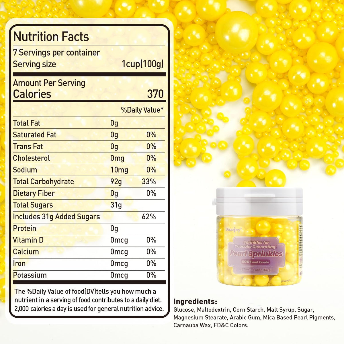 Dazzjoy Edible Pearls, Yellow Pearl Sugar Sprinkles, 130g/4.58oz, Yellow Ball Pearls for Cake Decorating, Cupcake Toppers, Edible Cake Decoration