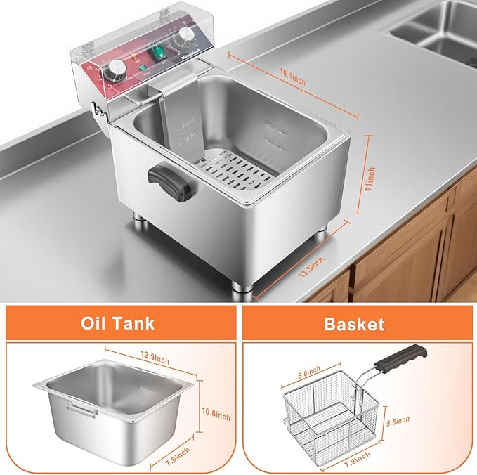 Mvegoiuok Electric Deep Fat Fryer With Basket and Lid 1800W Commercial Deep Fish Fryer With Oil Filtration for Home Use and Restaurant 12.7QT Stainless Steels Oil Fryer