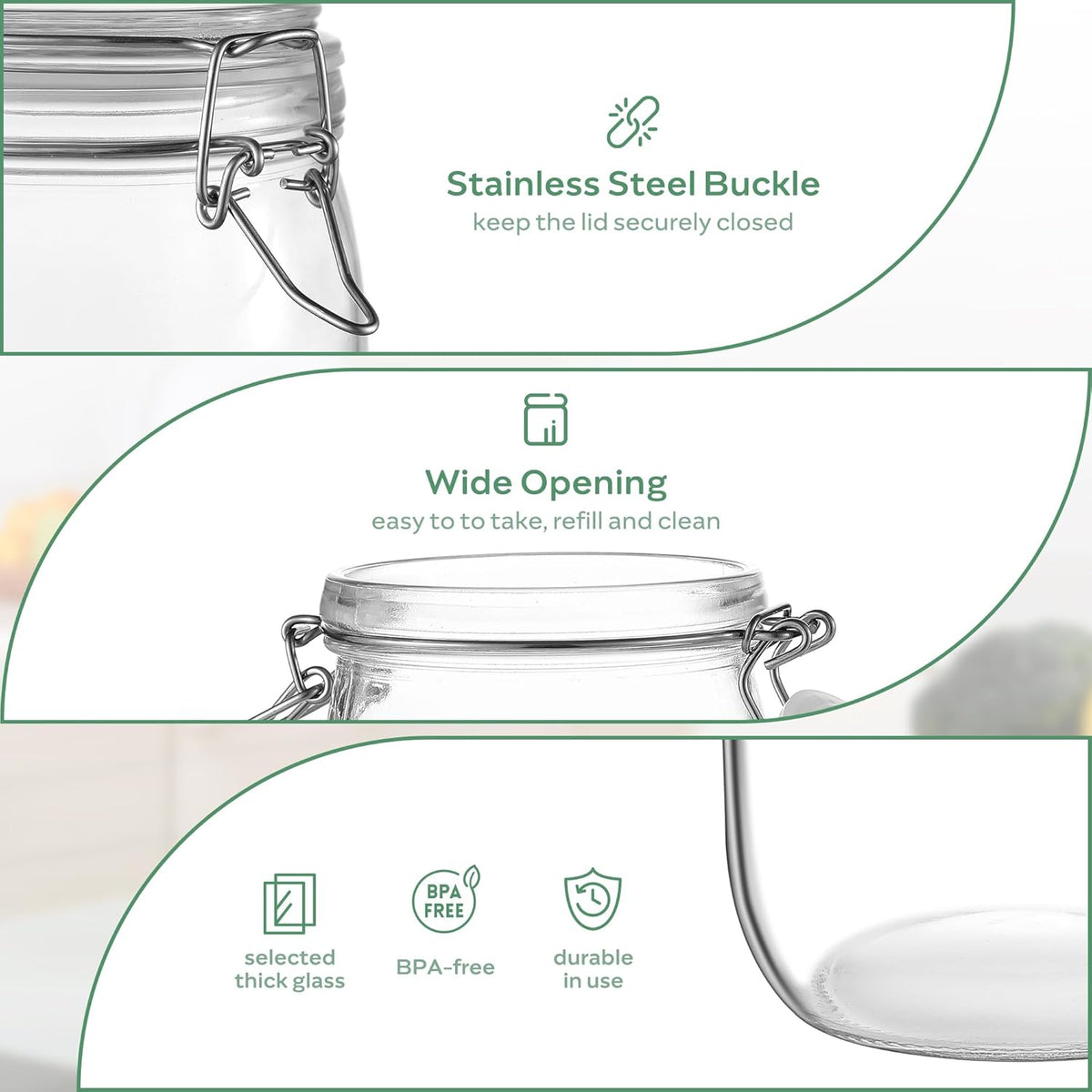 Glass Food Storage Jars with Airtight Lids 34 oz Round 4 Pack Kitchen Storage Containers Large Cabinet Canisters Sealed Pot Canning for Pasta, Cereal, Coffee, Beans, Spice