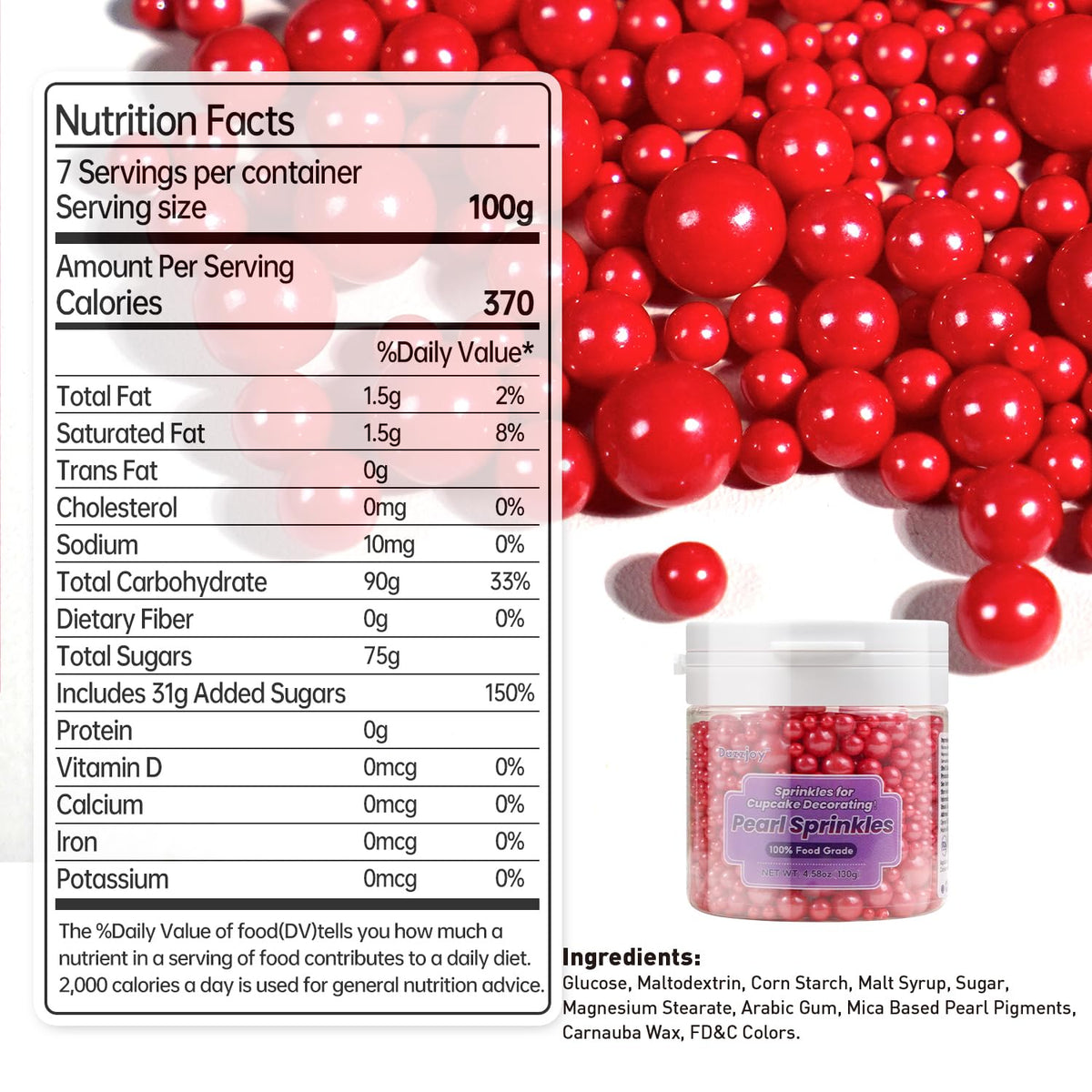 Dazzjoy Edible Christmas Red Pearl Sugar Sprinkles, Mix Size, 4.58oz, Red Sprinkles for Cupcake Decorating, Baking Cake Decorations, Wedding Party Valentines Easter Supplies
