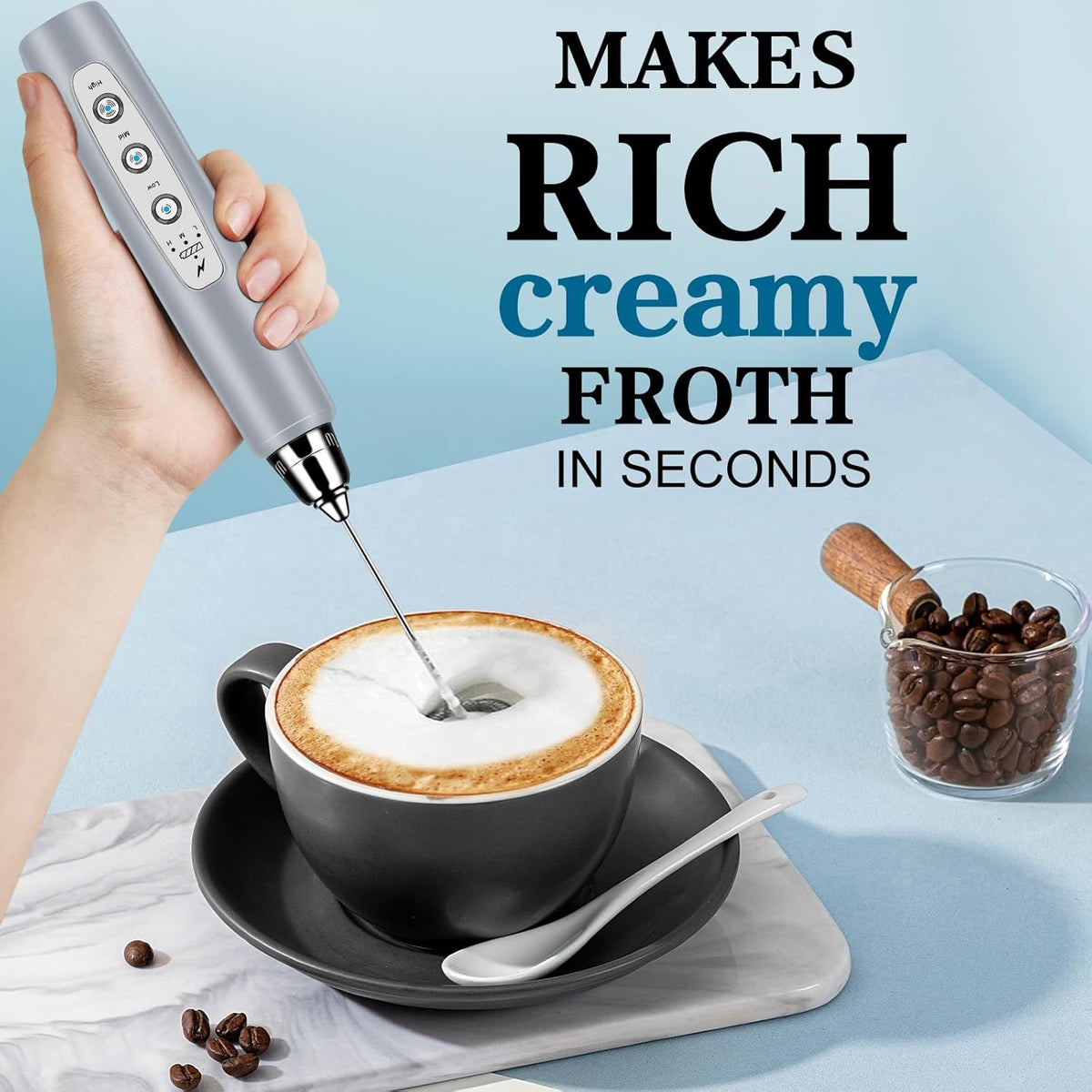 Milk Frother Handheld for Coffee, Electric Whisk 3 Speed Adjustable, Drink Mixer with Stainless 3 Whisks, Rechargeable Hand Frother Wand, for Latte Cappuccino Hot Chocolate Egg Cement Gray
