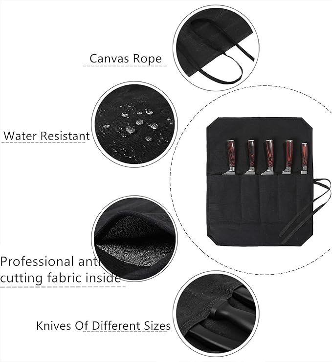 Denifiter Knife Cases Organizer-Durable Waxed Canvas With Cut Resistant Lining -knife Roll 5 Pockets (Black-One)