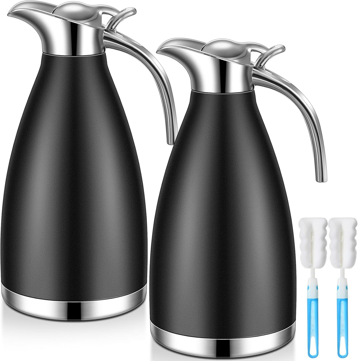 Uiifan 2 Pcs 68 oz Thermal Coffee Carafe Insulated Stainless Steel Coffee Carafe for Hot Liquids Vacuum Thermal Pot Creamer Dispenser with Brushes Keeping Hot Tea Milk Water(Black)
