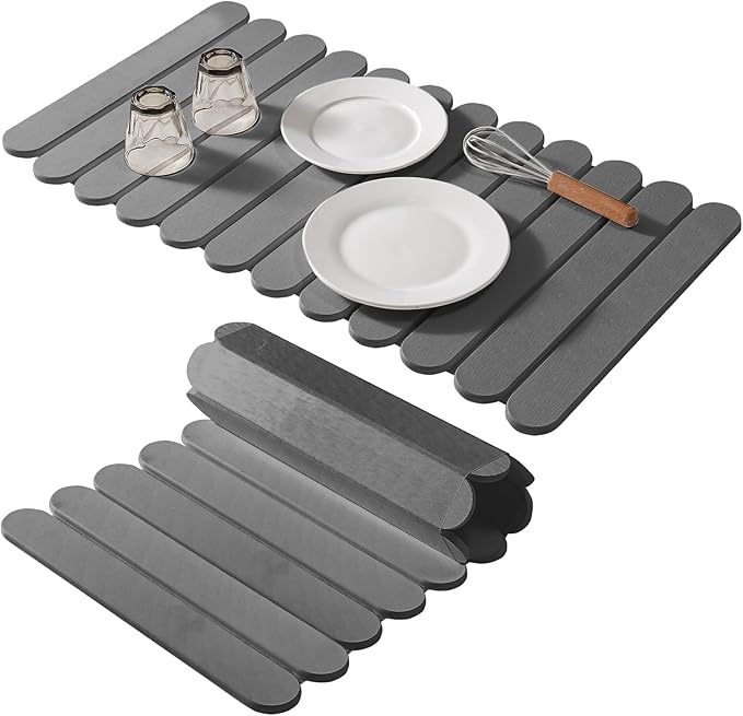 Extral Large Quick Dry Stone Drying Mat for Kitchen Counter,28"(L)x16"(W) Collapsible Eco-Friendly Absorbent Diatomaceous Earth Mat for Dishes Cups,Dish Drying Mats (Deep gray-Ellipse, 28x16 inch)