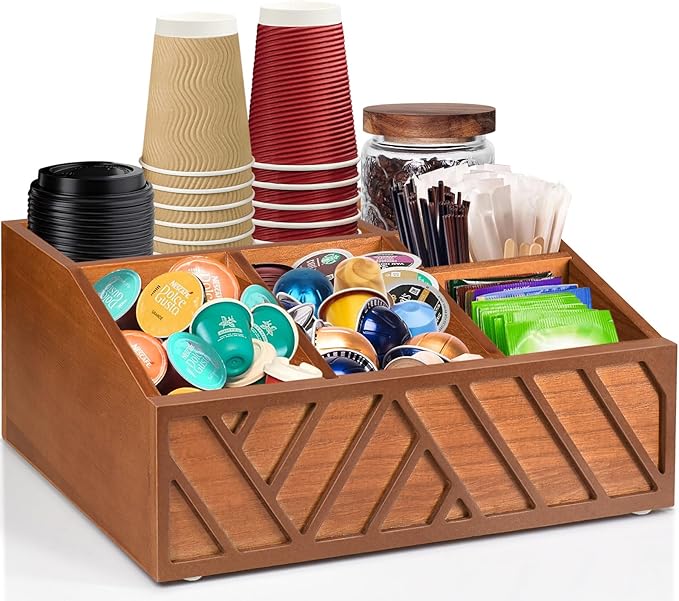 ugiftt Coffee Station Organizer for Counter, Wood Pods Holder Storage Basket, Tea Condiment Storage Organizer, Rustic Coffee Bar Decor for Accessories Organizer