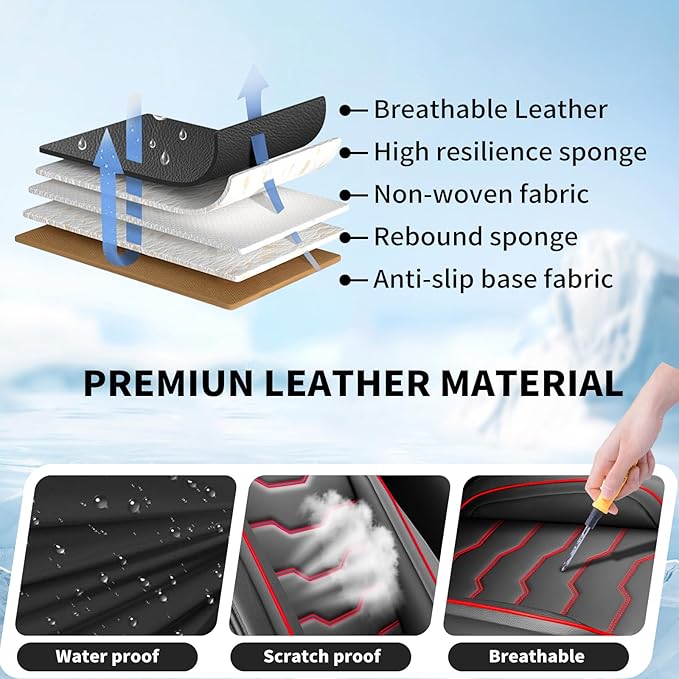 Fit Frontier Car Seat Covers Compatible with Nissan Frontier 2010-2025 2026 -Full Set Premium Leather， Waterproof Breathable， All-Weather Seat Cushion Protecto&Airbag Compatible（Red Line Black