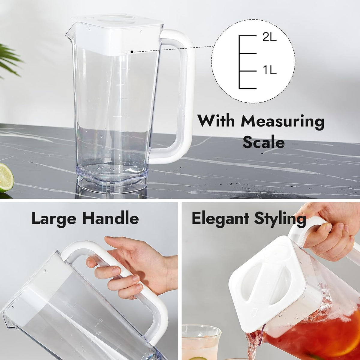 CURTA 2 Pack Plastic Pitcher with Lid, 2L Heavy-Duty Shatterproof Pitchers Clear Water Pitcher with Handle for Lemonade, Coffee,Iced Tea, Milk, Juice, Beverages