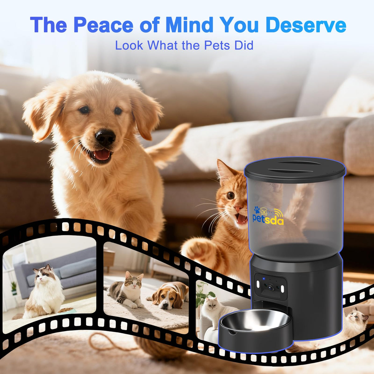 PETSDA Automatic Cat Feeder with 2K Camera 5G WiFi 4L Timed Dry Food Dispenser APP Control, 15 Meals Programmable 1-20 Portion Per Day Dual Power Supply with Stainless Bowl for Multiple Pet Easy Clean