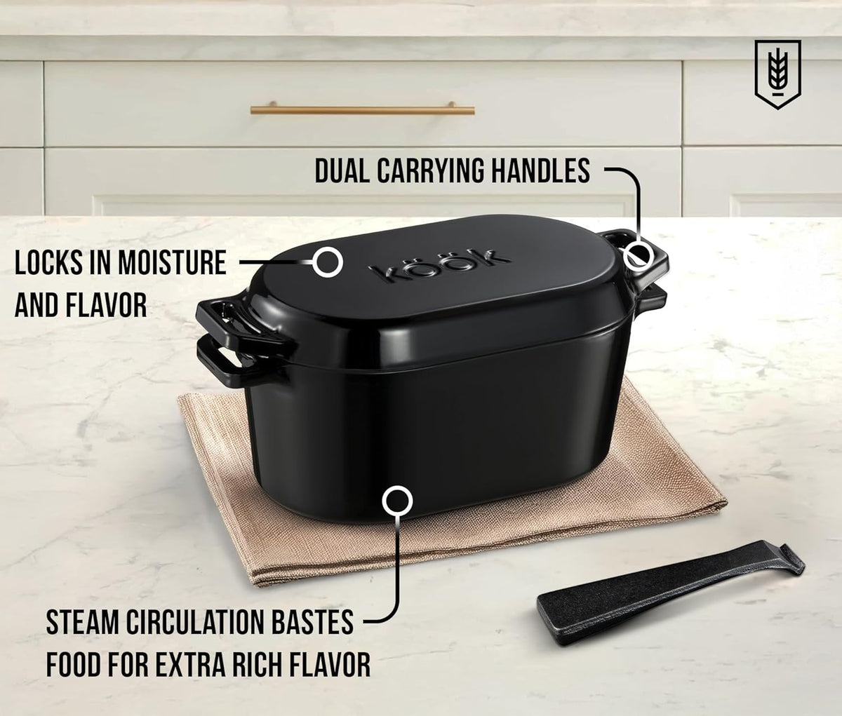 KooK Dutch Oven, Oven for Sourdough Bread Baking, with Lid, Dual Handles, Enameled Cast Iron, includes Lid Lever, Great for Baking Bread, Cooking and Roasting, Dishwasher Safe, 3.4 Qt, Black