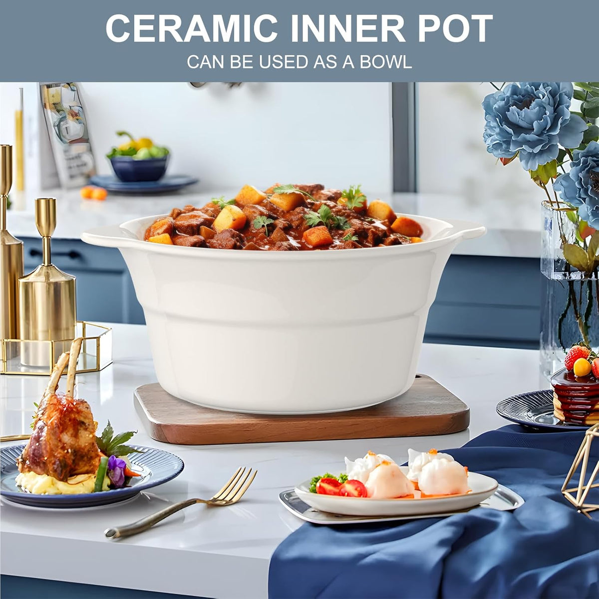 MAGNIFIQUE 5 Quart Programmable Slow Cooker with Auto Warm Setting, Glazed Ceramic Liner, Kitchen Small Appliance for Family Dinners, Blue