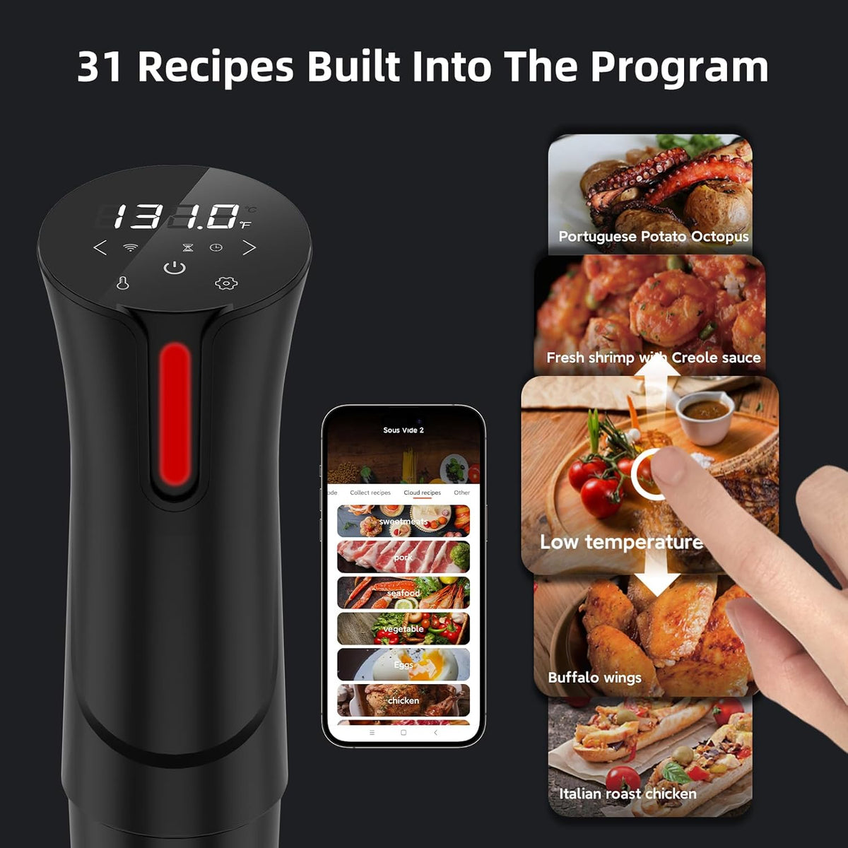 5G WIFI Sous Vide Machine|1100 Watts Sous Vide-Precision Cooker with Bag, Recipes| Thermal Immersion Circulator, Fast Heating with Accurate Temperature and Timer, LED Touch Screen/APP Control,Black