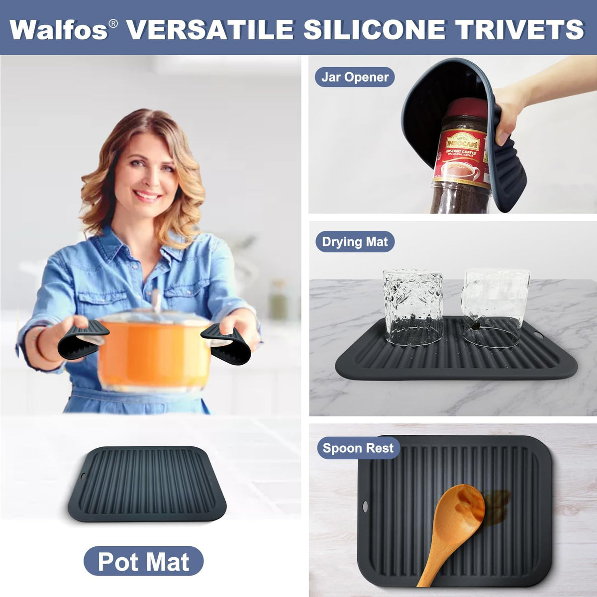 Walfos Silicone Trivets for Hot Pots and Pans - Heat Resistant Hot Pads for Kitchen Counter- Multi-Purpose & Versatile Trivet Mat - Long-Lasting & Flexible Silicone Hot Pad