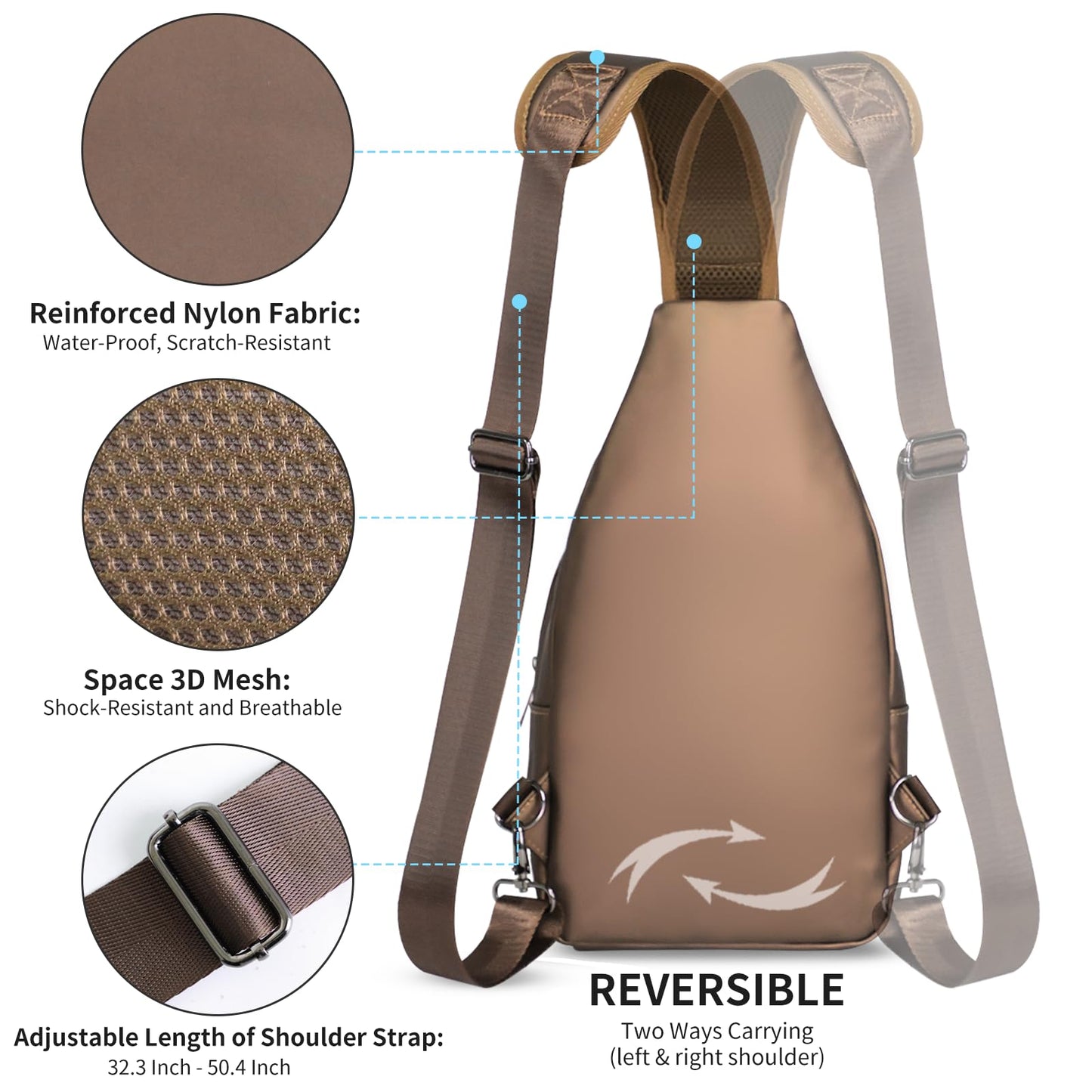AMJ Crossbody Sling Bag, Upgraded PU Leather with USB Port Casual Shoulder Chest Bag with Logo Zipper Pulls (Leather Brown)