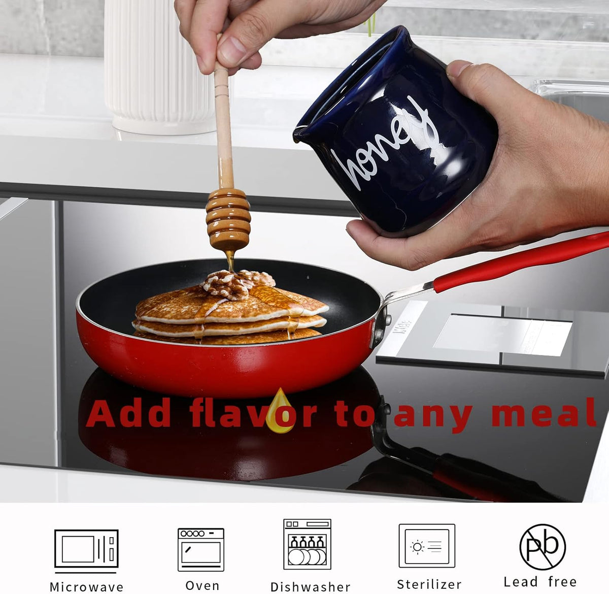 Honey Jar with Dipper and Lid, Ceramic Honey Pot 12oz (Navy)