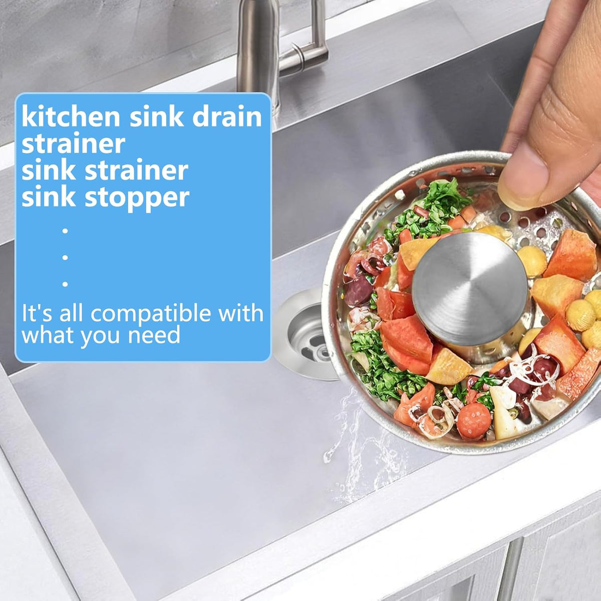 3-in-1 Kitchen Sink Drain Strainer & Stopper, Stainless Steel Food Catcher Plug with Filter Basket, Fits 3-1/2 Inch Drain Hole, Universal Sink Protector Cover, Anti-Clogging, Silver