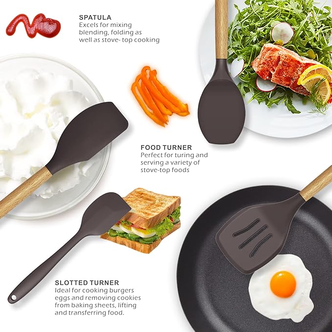 Silicone Cooking Utensils Set - 446°F Heat Resistant Silicone Kitchen Utensils for Cooking,Kitchen Utensil Spatula Set w Wooden Handles and Holder for Non-Stick Cookware, BPA FREE (Coffee)