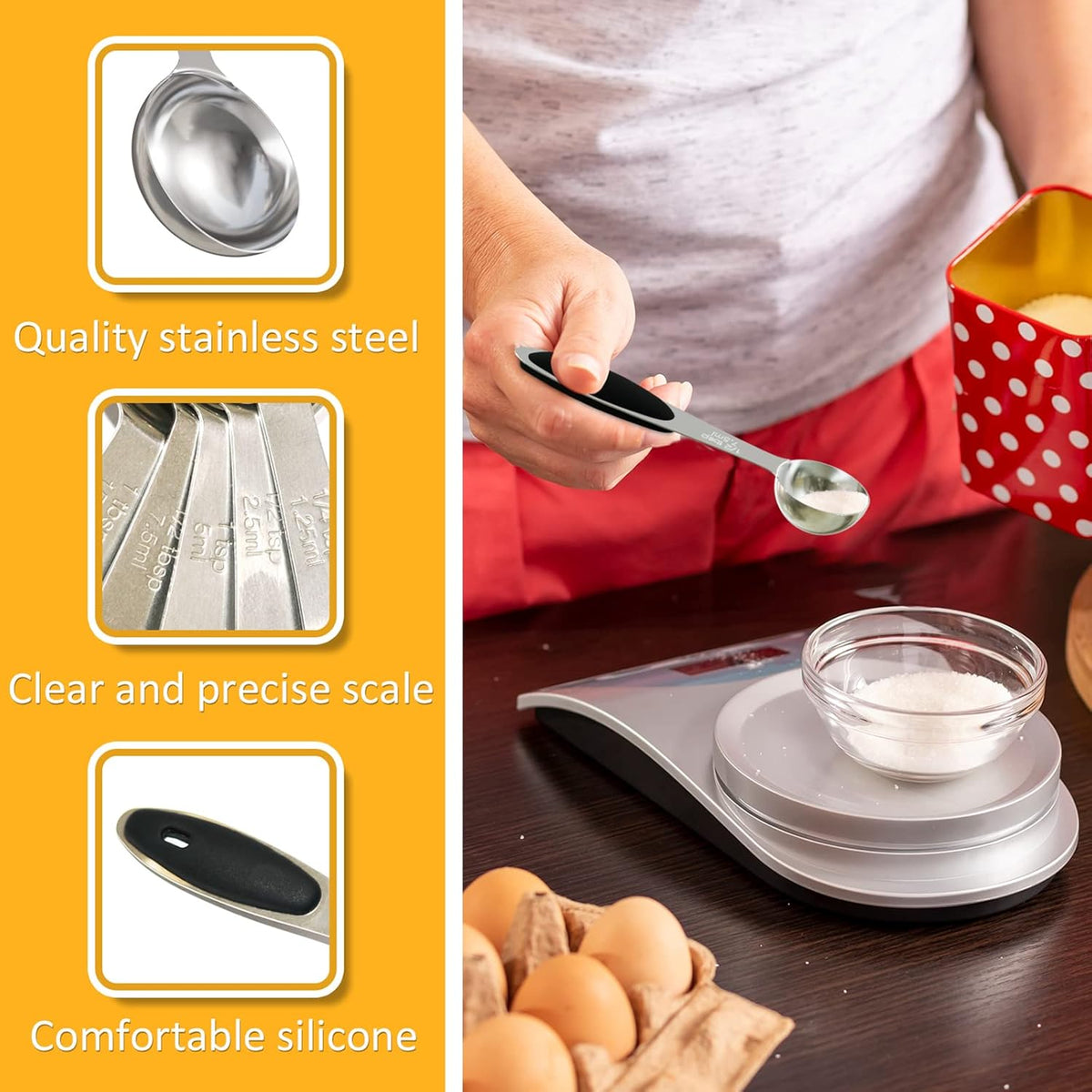 2PCS 1/2 Tbsp(1.5tsp, 1/4oz, 7.5ml) Single Measuring Spoon with Black Silicone Grip, Stainless Steel Individual Measure Scoop Only