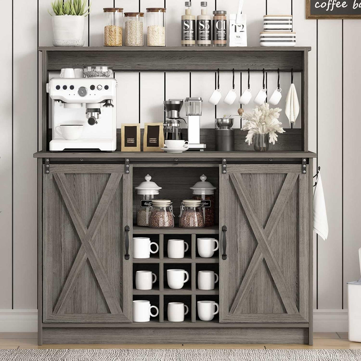 4ever2buy Farmhouse Coffee Bar Cabinet with Hutch and 6 Hooks, 47 Inch Wine Bar with Storage, Buffet Cabinet with Adjustable Shelves&9 Wine Racks, Kitchen Buffet Cabinet for Dining Living Room, Grey