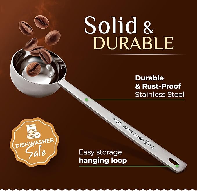 Orblue Premium Coffee Scoop Set - 1 Tbsp (15ml) & 2 Tbsp (30ml) Measuring Tablespoon - Stainless Steel Coffee Measuring Spoon and Scooper with Long Handles - Pack of 2