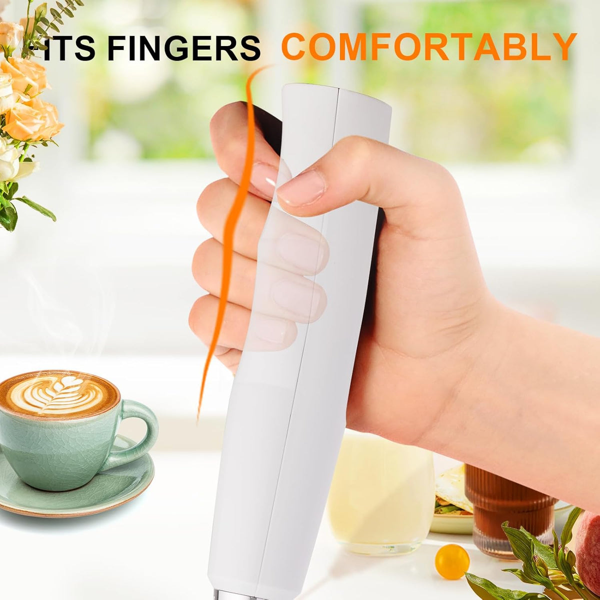 YUSWKO White Handheld Milk Frother Wand with Stand for Coffee, Rechargeable Electric Whisk with 3 Heads 3 Speeds Drink Mixer Coffee Frother For Latte, Cappuccino, Hot Chocolate, Egg
