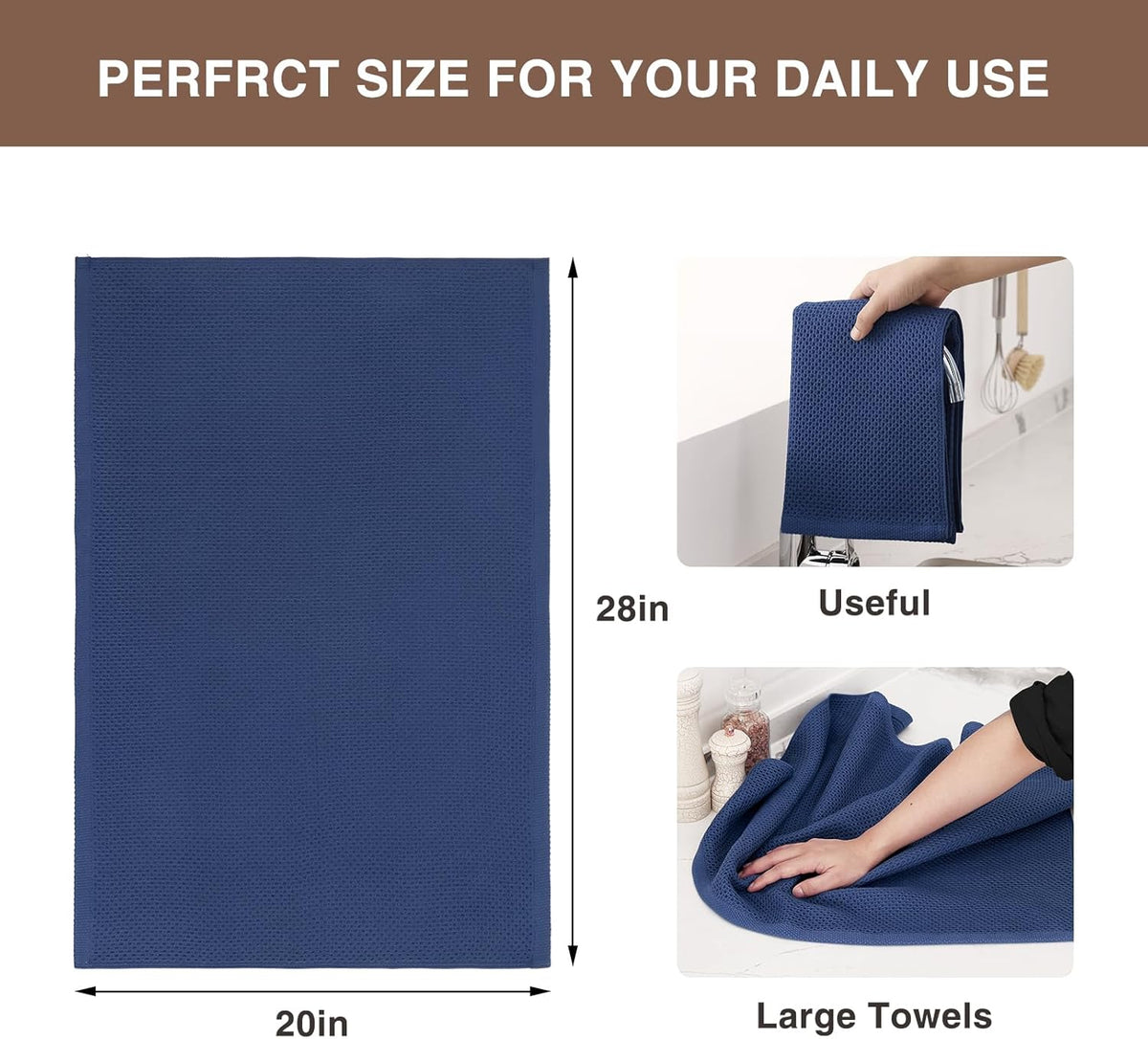Homaxy 100% Cotton Oversized Waffle Weave Kitchen Dish Towels, Ultra Soft Absorbent Quick Drying Cleaning Towel, 20 x 28 Inches, 4-Pack, Navy Blue