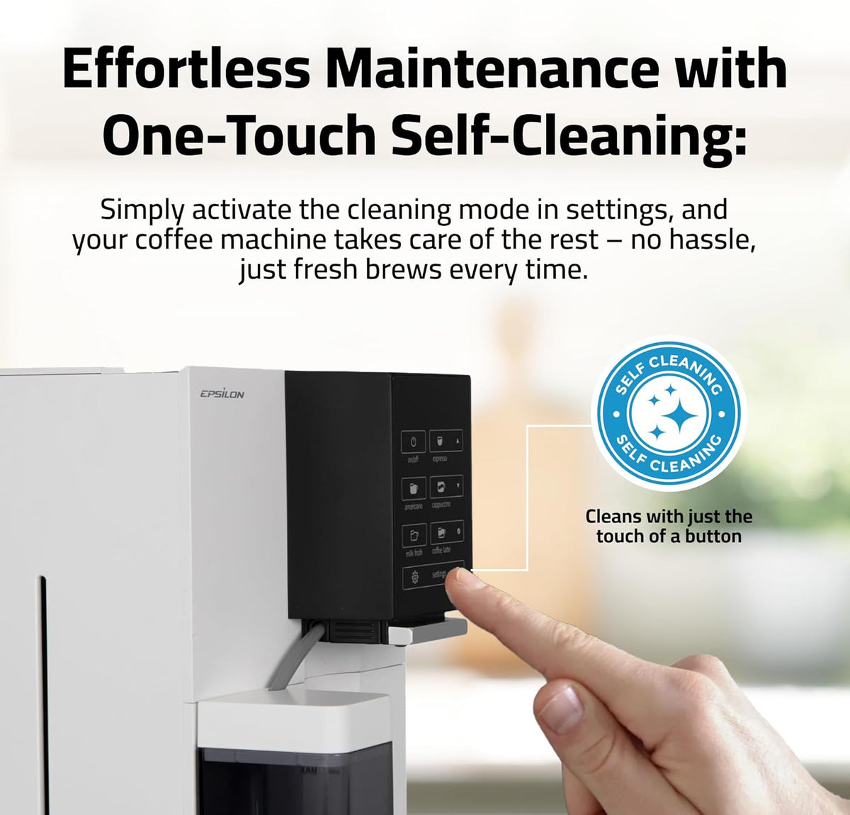 Epsilon Fully Automatic Coffee Machine, Modern One Touch Espresso Machine, Integrated Milk Frother and Custom Brewing Cafe Maker, Compact Countertop Size, Self Cleaning Cafetera (White)