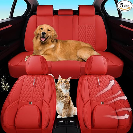 Red Car Seat Cover Full Set , Universal Car Seat Cover for Car with Lumbar Support, Premium Faux Leather, Waterproof and Easy to Clean, Airbag Compatible, Suitable for SUV, Pickup Trucks, Sedans