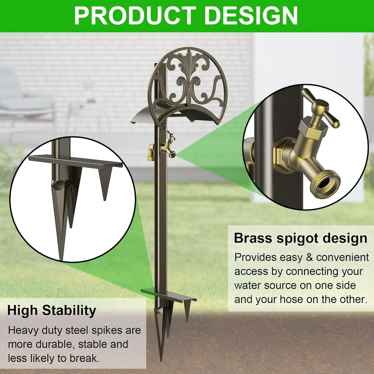GOFORWILD Garden Hose Stand with Brass Faucet, Detachable Heavy Duty Water Hose Holder, Freestanding Metal Hose Reel Decorative Storage Hanger Holds 150-Feet Hose for Outside Patio Lawn Yard