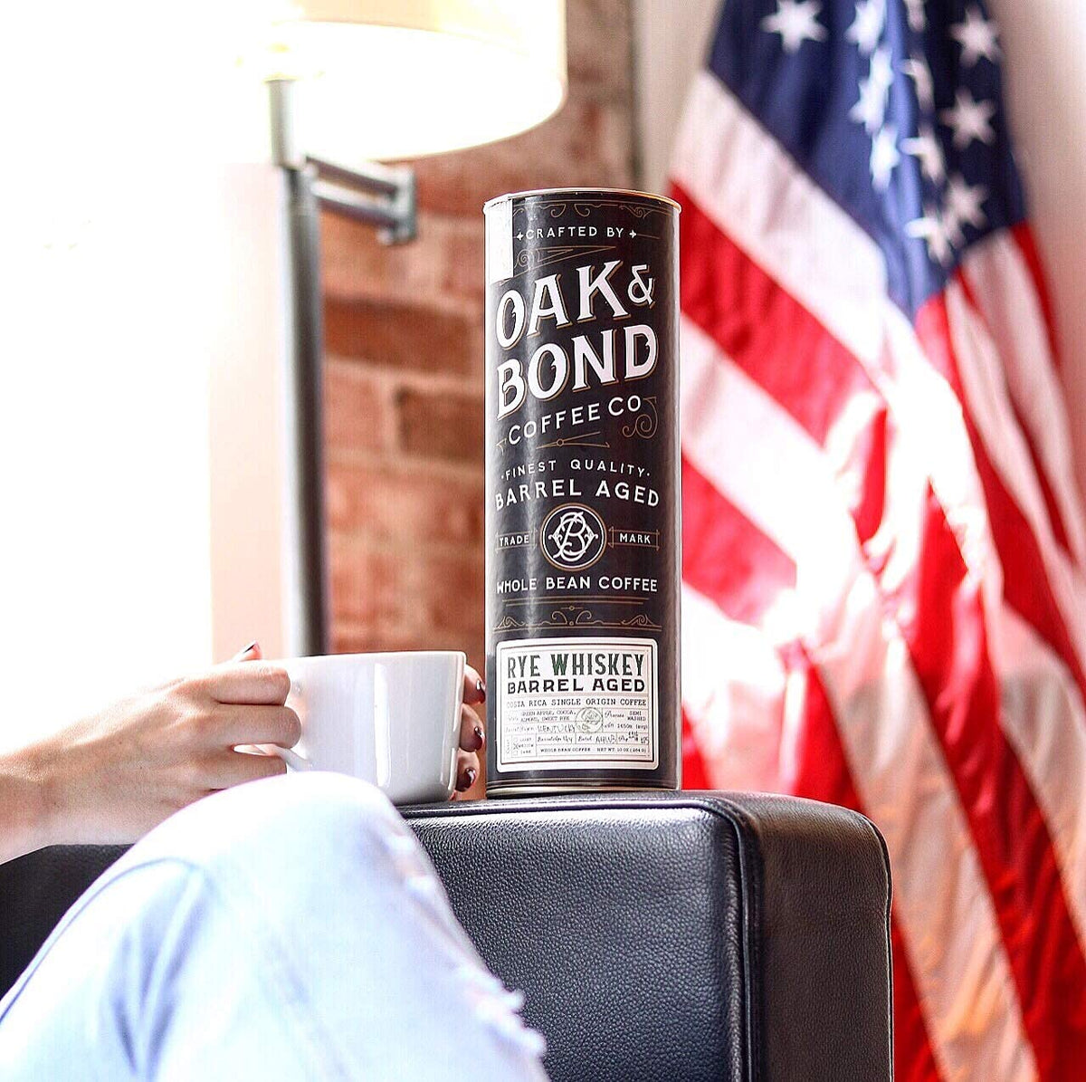 Rye Whiskey Barrel Aged Coffee, Costa Rica Single Origin Small Family Farm Whole Coffee Bean, Medium Roast w/Flavor Notes of Cocoa, Almond, Sweet Rye, Green Apple by Oak & Bond Coffee Co. – 10oz.