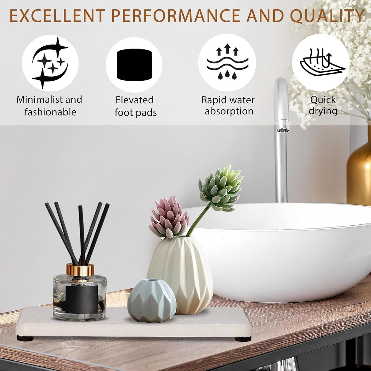 4PCS Water Absorbing Stone Tray, Quick Drying Diatomite Stone Sink Tray, Water Absorbent Stone Coasters for Bathroom Counter, Kitchen Soap Dish Holders Toothbrush Holders in Modern Home