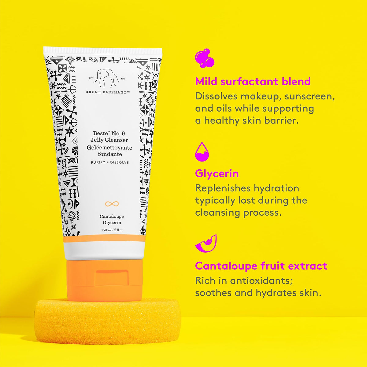 Drunk Elephant Beste No. 9 Jelly Cleanser - 150 ml/5 fl oz - Travel-Size Gel Face Wash - Clean Clinical Skincare - Cruelty-Free - Dermatologist-Tested - Free of Essential Oils, Silicones & Fragrance