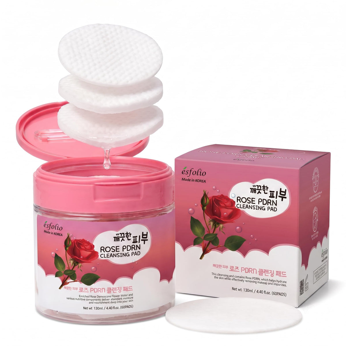 Esfolio made in Korea PDRN Rose Cleansing Pad Gentle Daily Facial Pads with Rice Extract for Skin Clarity and Softness Easy One-Step Cleanser for Radiant Complexion Korean Skincare 60 Count