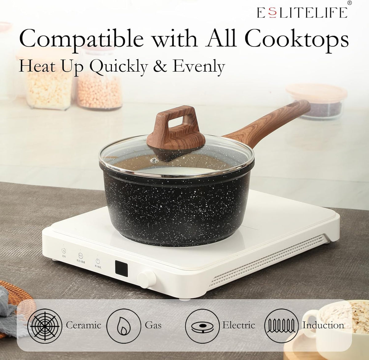 ESLITE LIFE Nonstick Cookware Sets, 9 Pcs Granite Coating Pots and Pans Set Kitchen Cooking Set, Compatible with All Stovetops (Gas, Electric & Induction), PFOA Free, Black