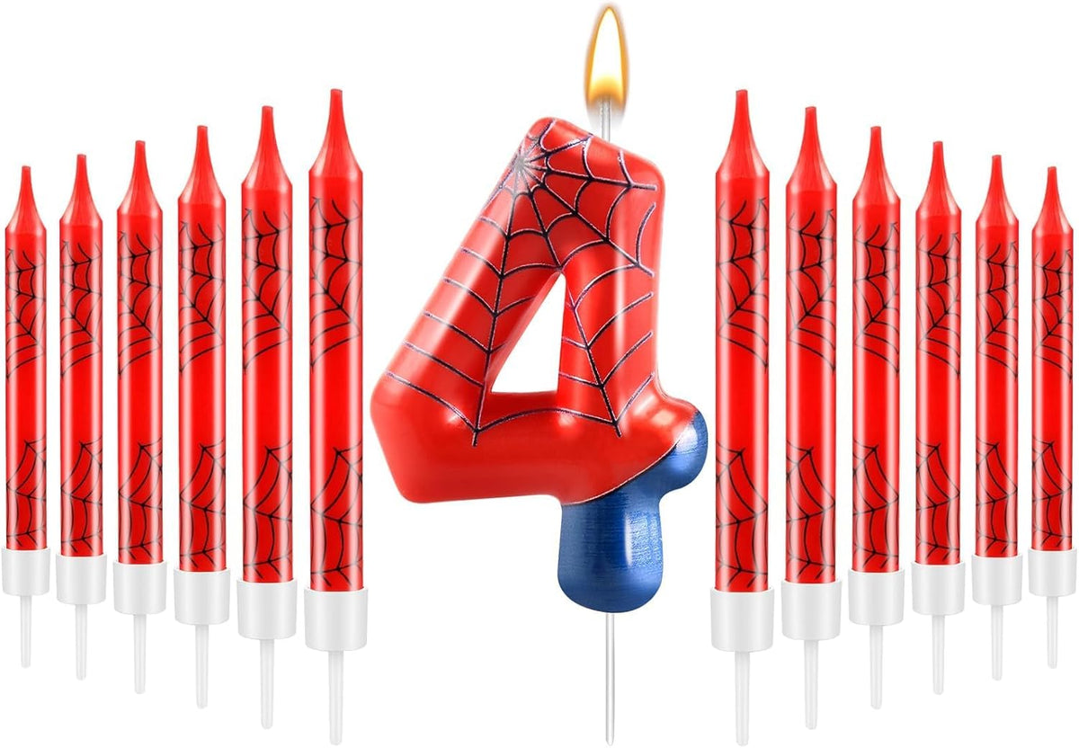 13 Pcs Spider Themed Birthday Candle Set Red Spider Theme Number 4 Candle Cake Topper for Boys Girls Birthday Decoration Spider Party Decoration Supplies (Number 4)
